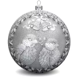 Set of 3 silver Christmas balls "Bullfinches, Bells and a Winter fairy tale"